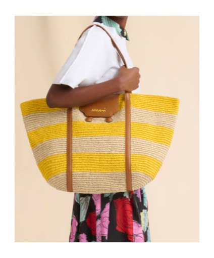 Shop Marni Medium Yellow Stripe Raffia-effect Trunkaroo Beach Bag In Natural/dark Lemon