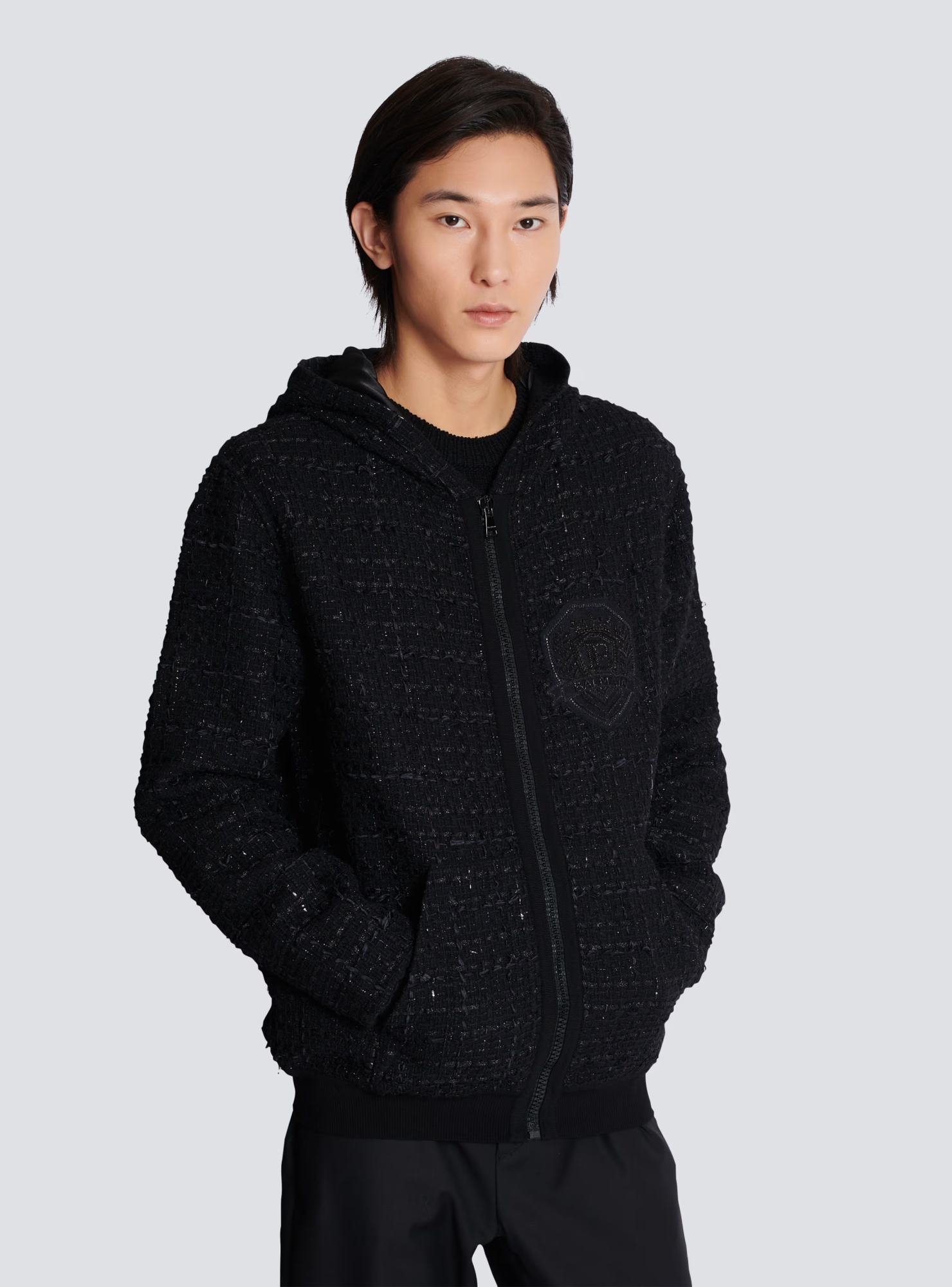 Shop Balmain Tweed Hooded Jacket In Black