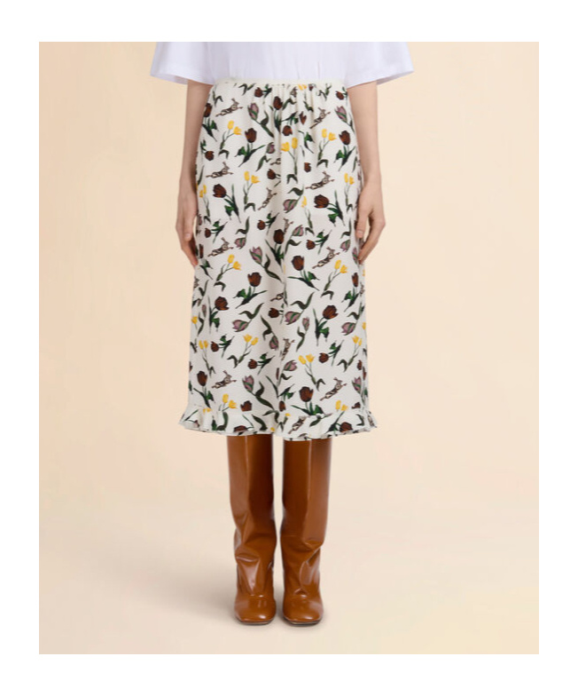Marni Cream Envers Satin Midi Skirt With Tulips And Hares Print In Multi
