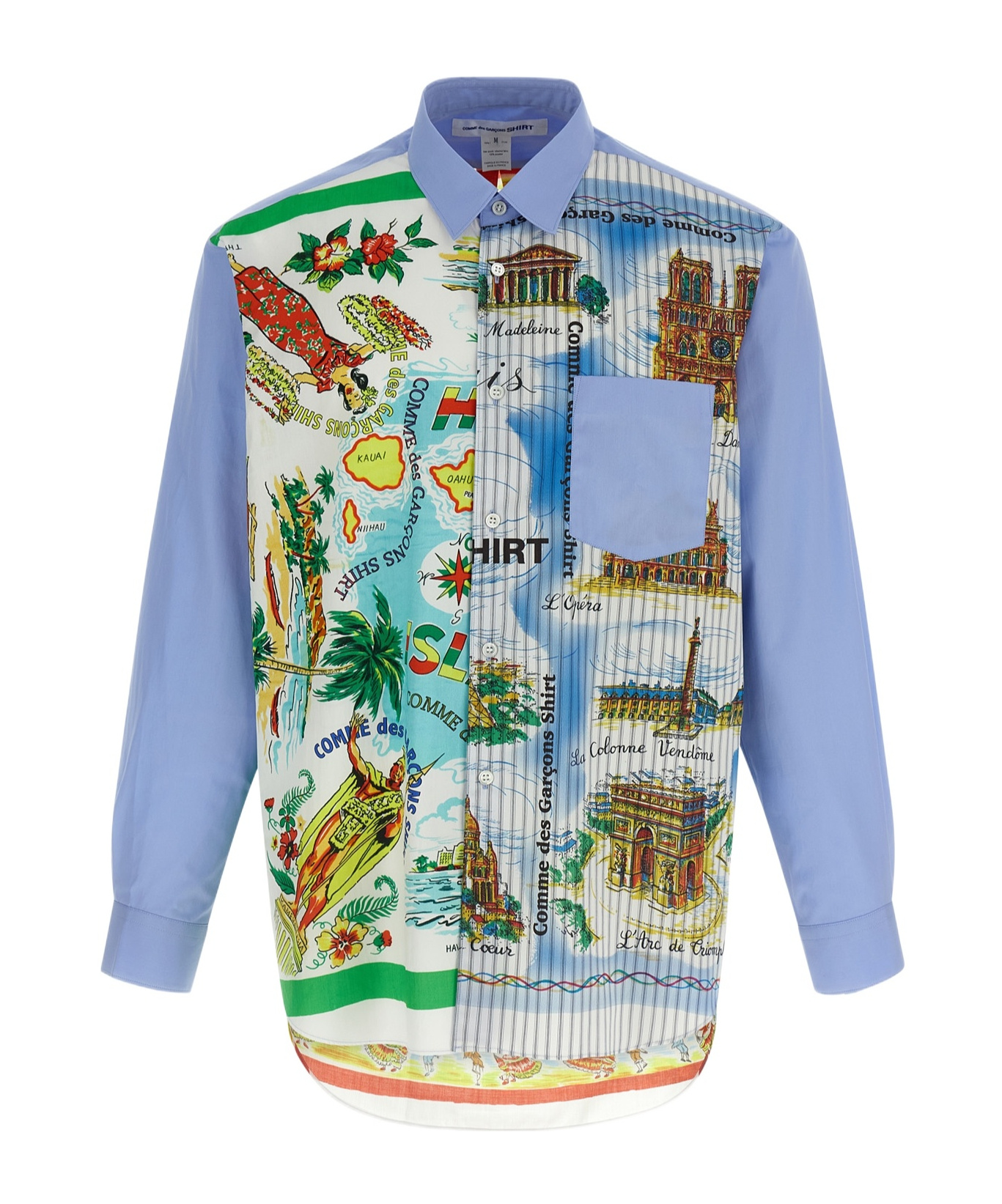 Comme Des Garçons Asymmetric Hem Shirt With Vibrant Landmark Prints In Multi