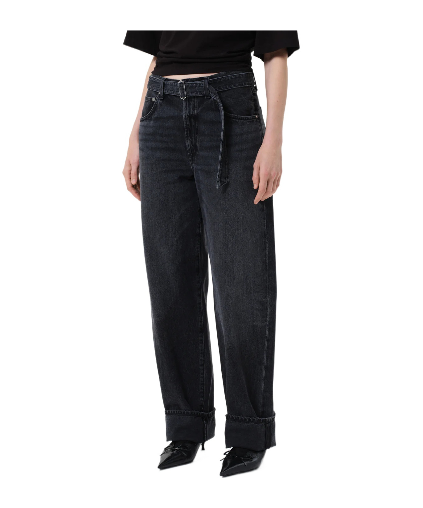 Agolde Tapered Cuffed Jeans Belted Waist In Black