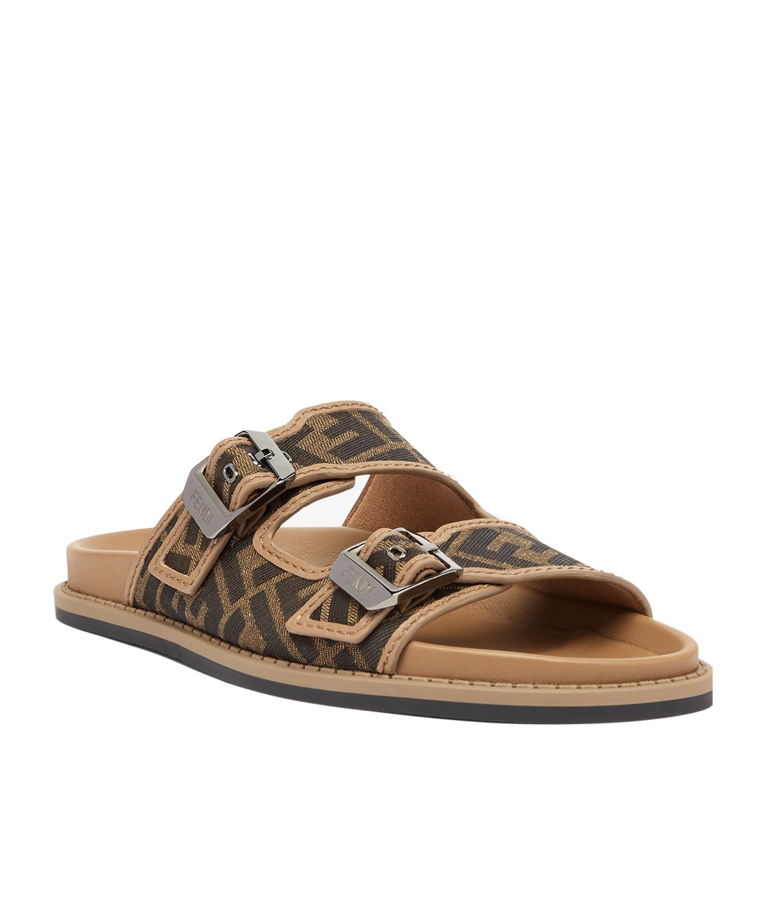 Fendi Canvas Feel Slippers With Adjustable Straps And Ff Motif Embroidery In Brown