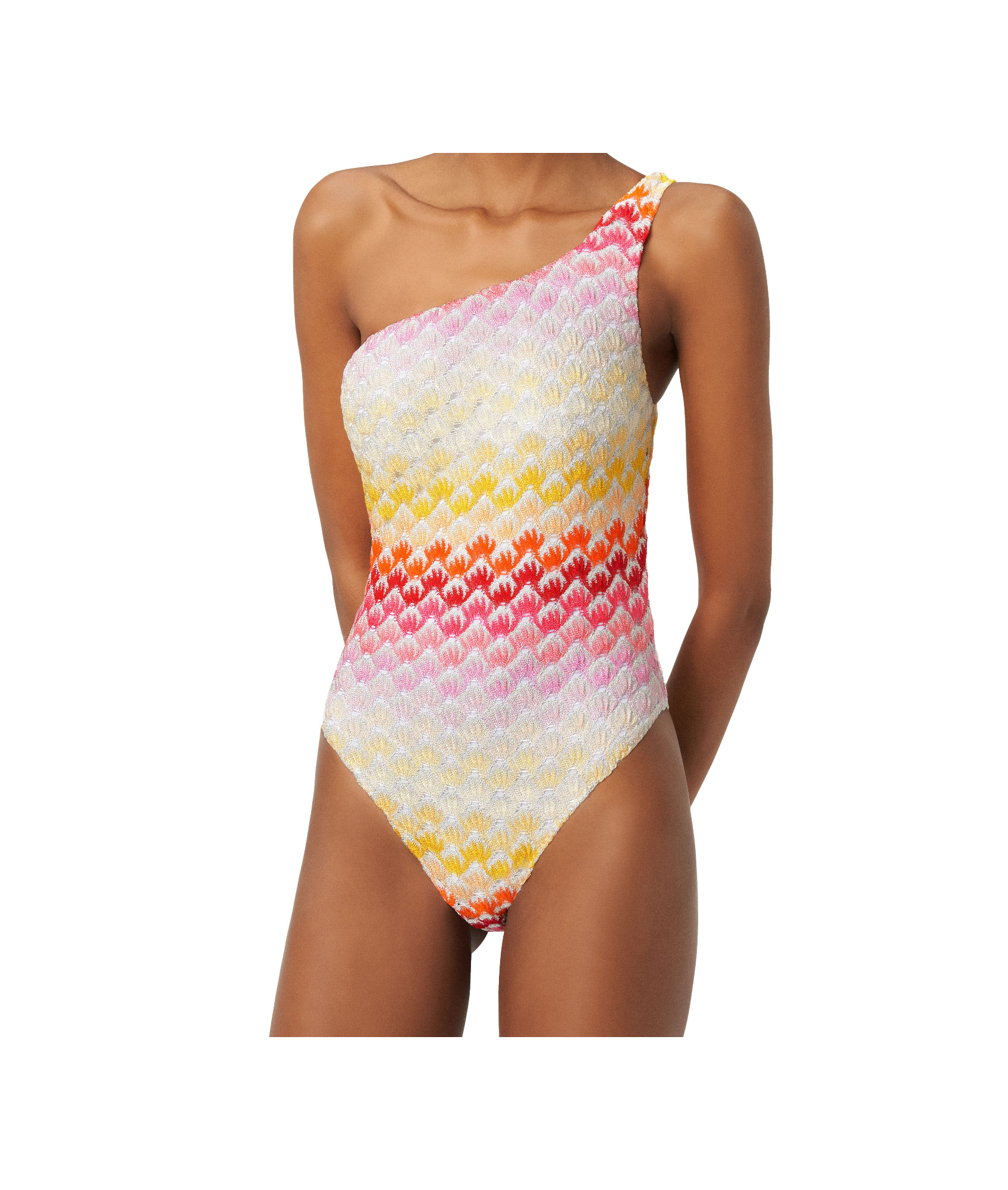 Missoni Lace-effect One-shoulder One-piece Swimming Costume With Lurex In Multi