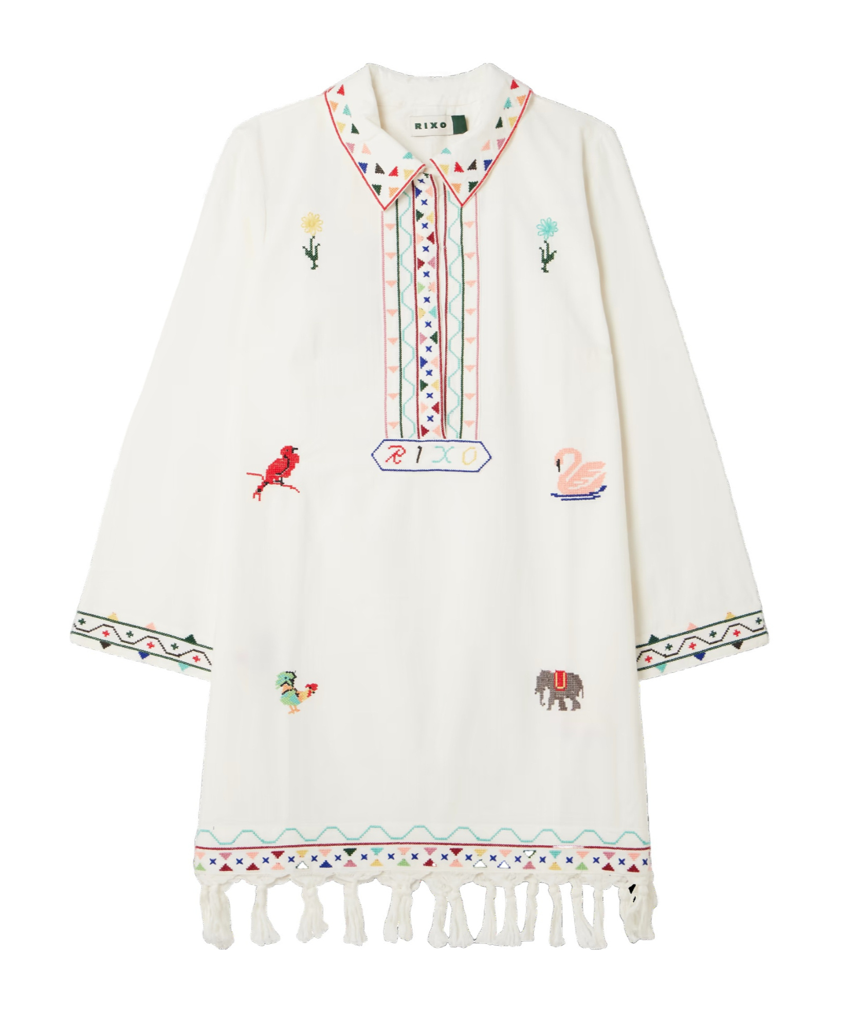 Rixo London Astoria Embroidery Tassel Mini Dress In White