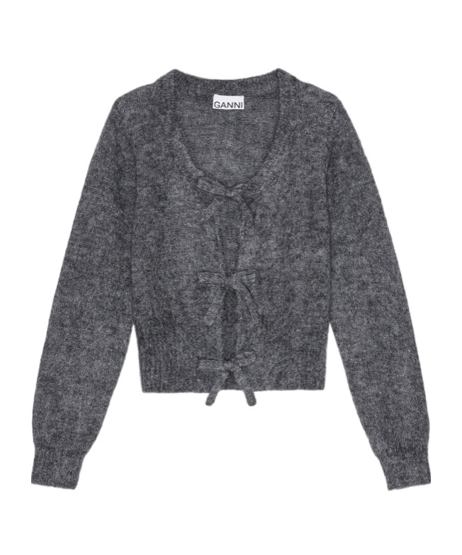 GANNI GREY LIGHT MOHAIR TIE STRING CARDIGAN