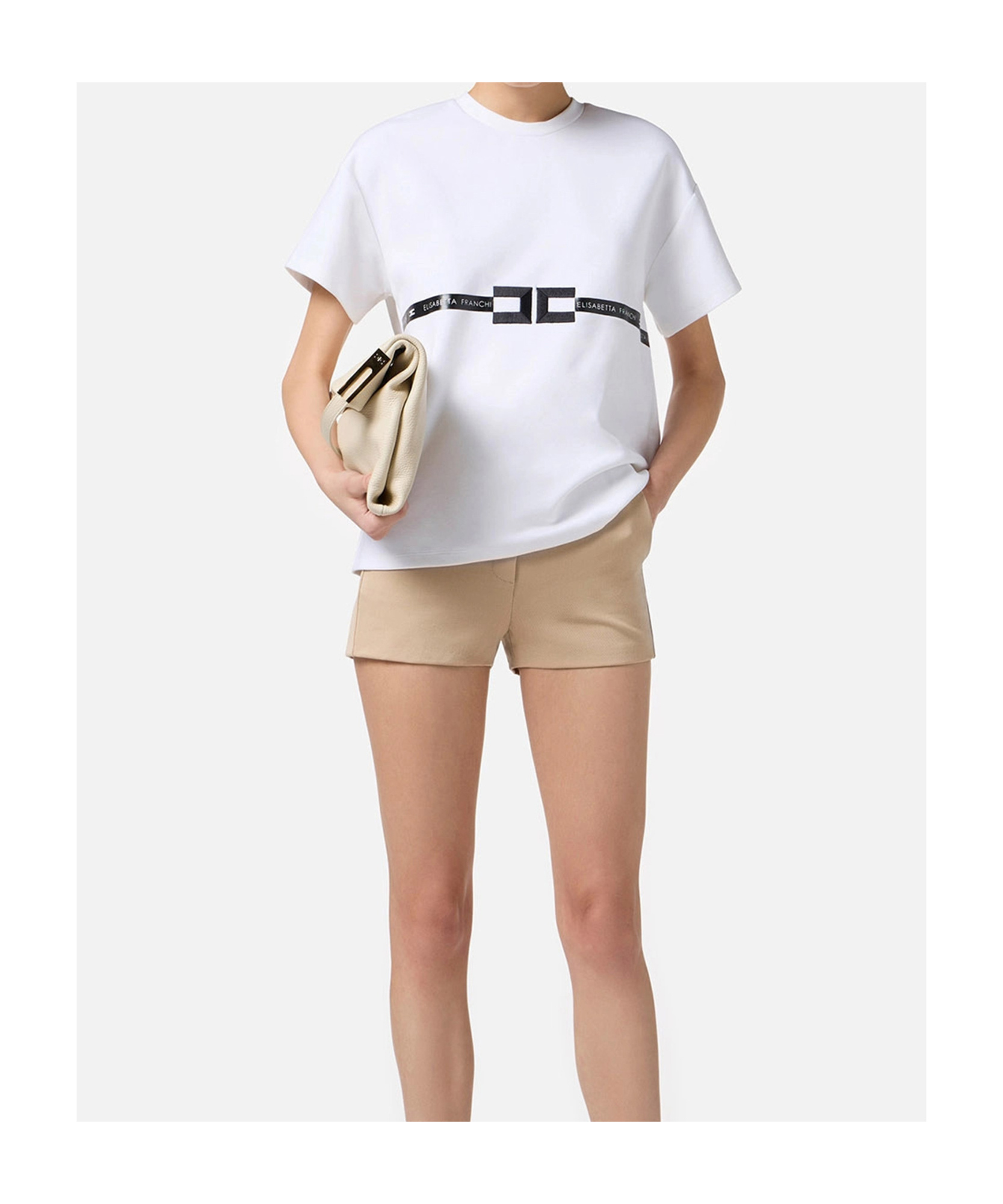 Elisabetta Franchi Crew Neck Relaxed Fit Short Sleeves Top In White