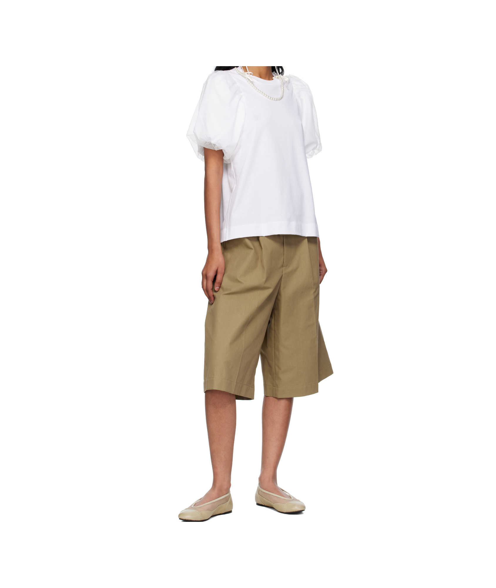Simone Rocha Tulle Overlay Puff Sleeve T-shirt With Faux Pearl Trim In White