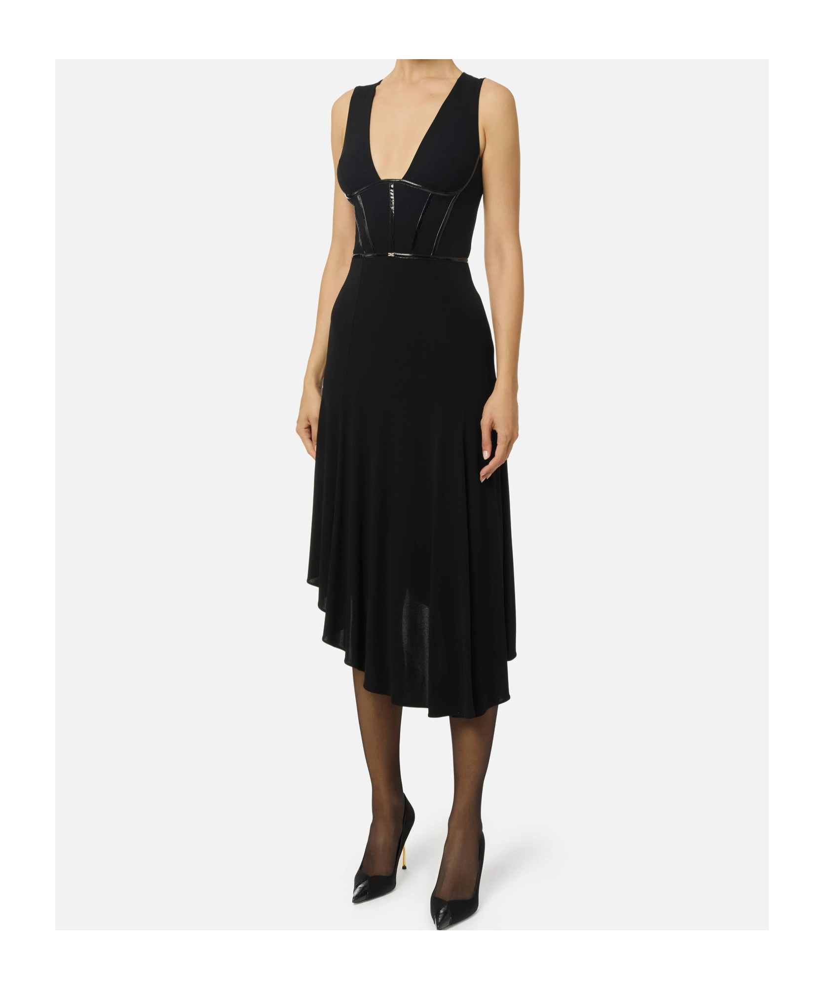 Elisabetta Franchi V-neck Asymmetric Midi Dress In Black