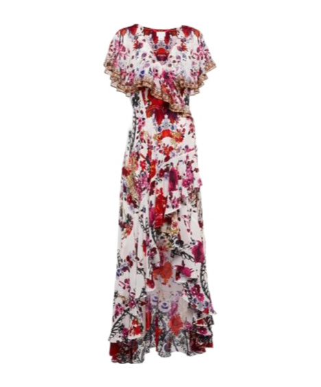 Camilla Floral Ruffled Silk Wrap Dress In Burgundy