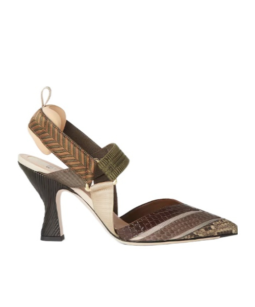 Fendi High-heeled Mesh And Multicolor Ayers Leather Slingbacks In Brown