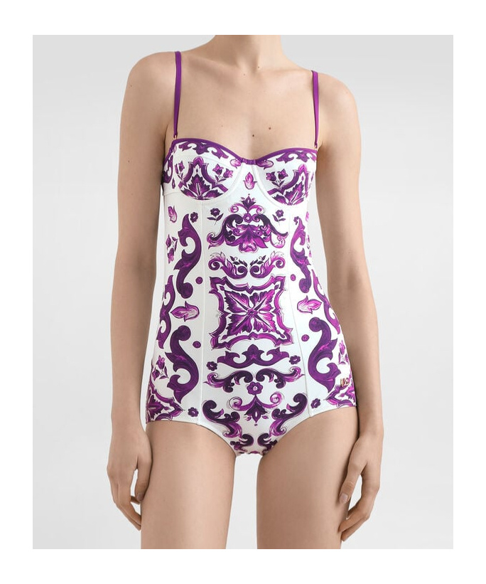 Dolce & Gabbana 'maiolica' Print One-piece Swimsuit In Purple