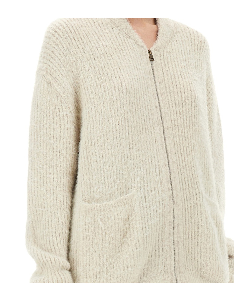 Uma Wang Ribbed Knit Cardigan With Plush Texture And Zipper Closure In White
