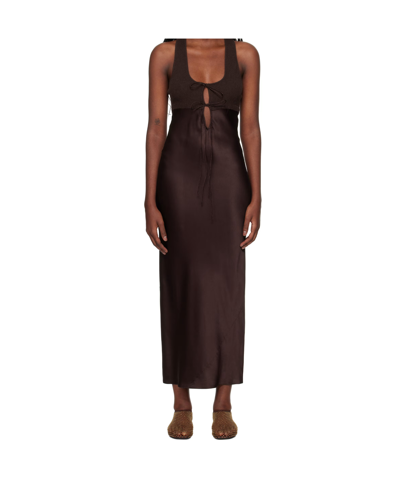 Christopher Esber Womens Mahogany Monument Contrast-knitted-panels Silk Midi Dress In Brown