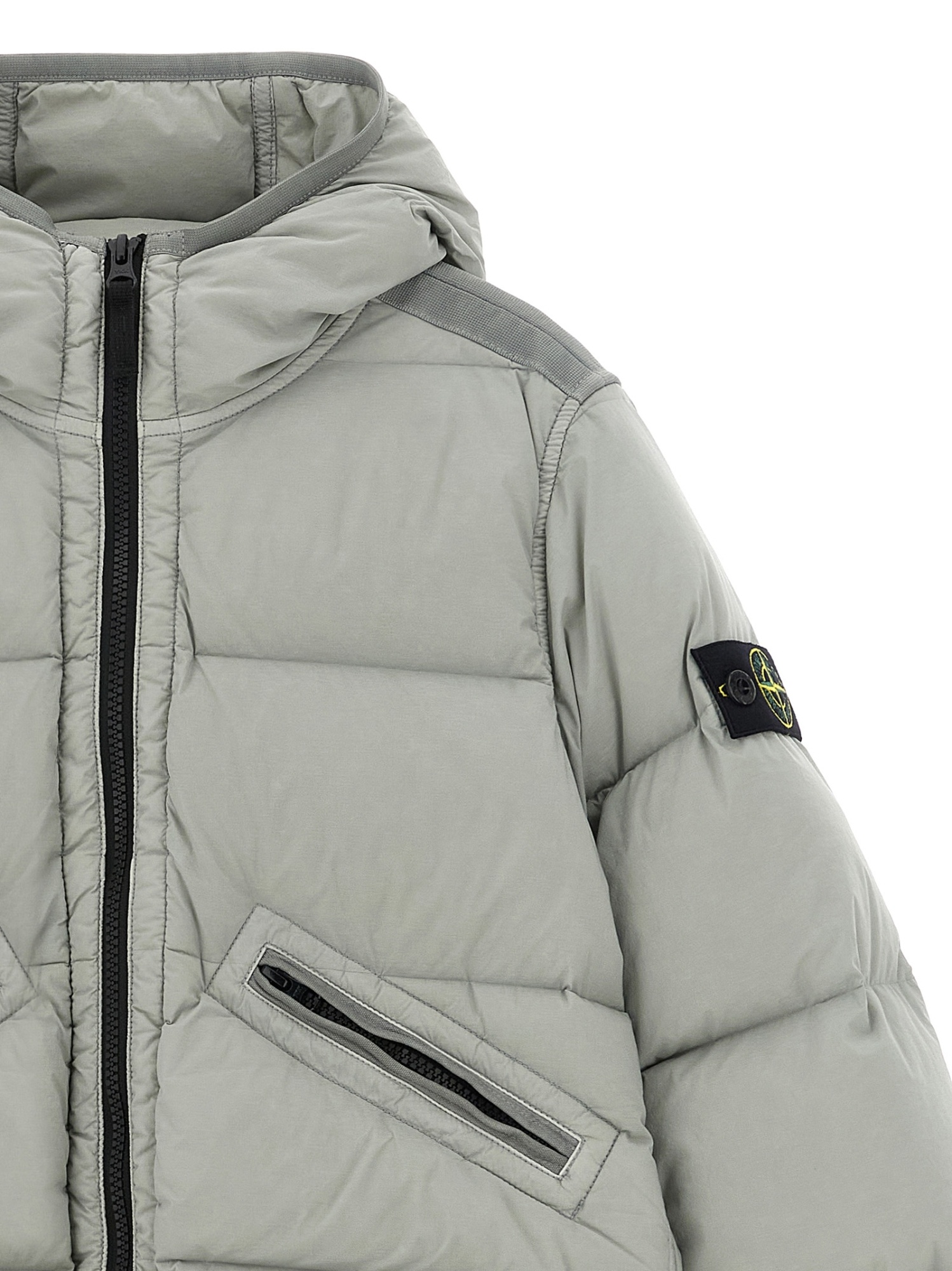Stone Island Junior Logo Patch Hooded Down Jacket In Gray