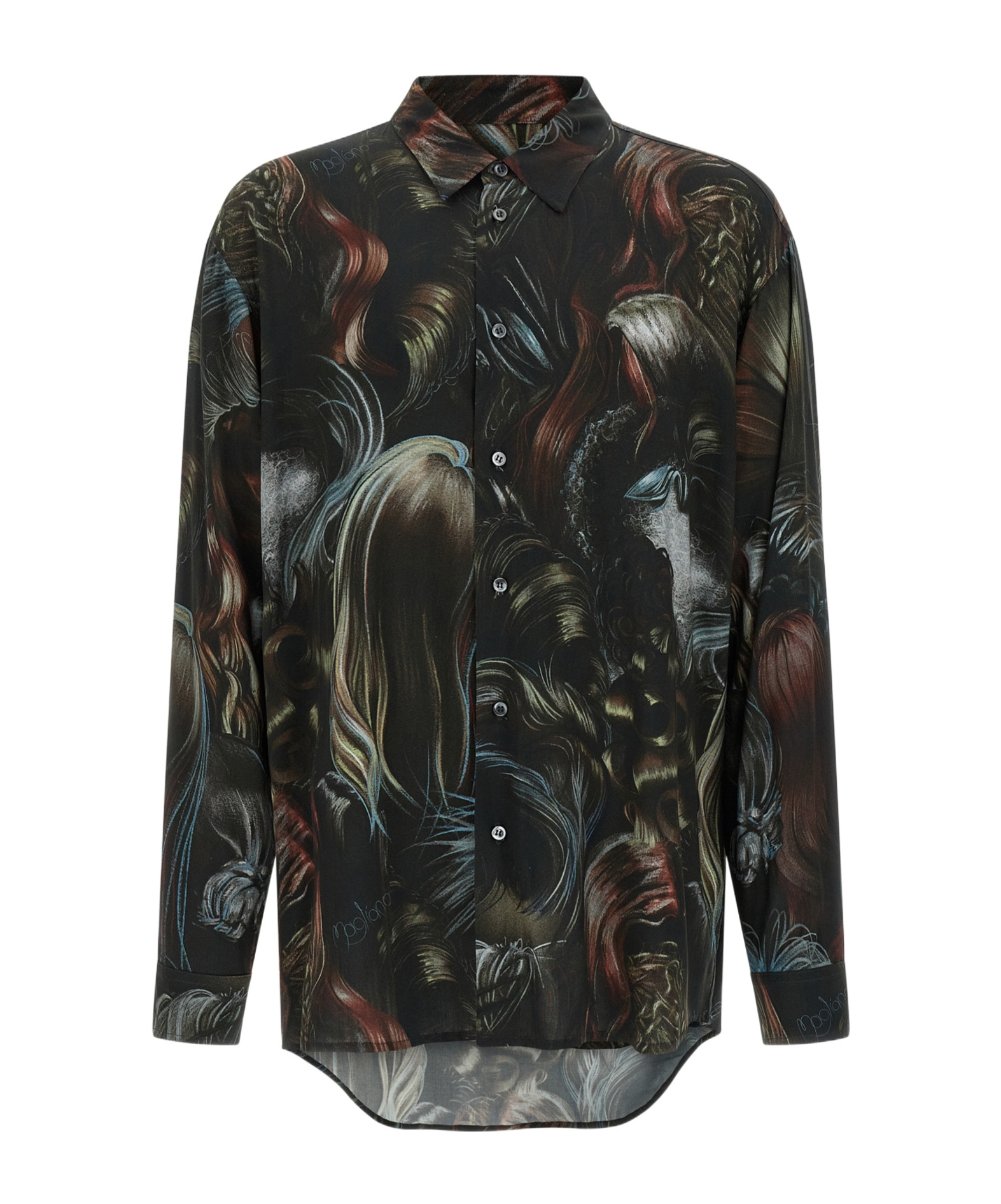 Magliano Wig Motif All-over Print Shirt With Asymmetric Hem In Black