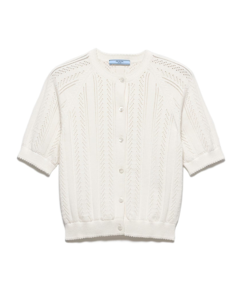 Prada Short-sleeved Openwork Cotton Cardigan In White