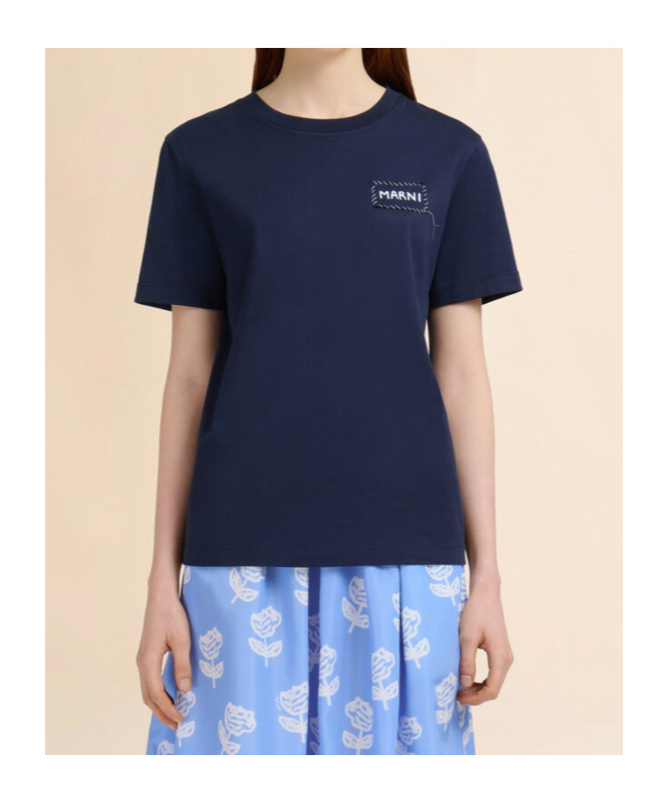 Marni Relaxed Fit Black T-shirt With Subtle Embroidered Logo In Blue