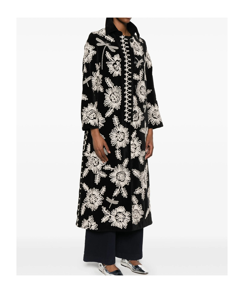 Forte Forte Long Coat With Floral Embroidery And Pockets In Black