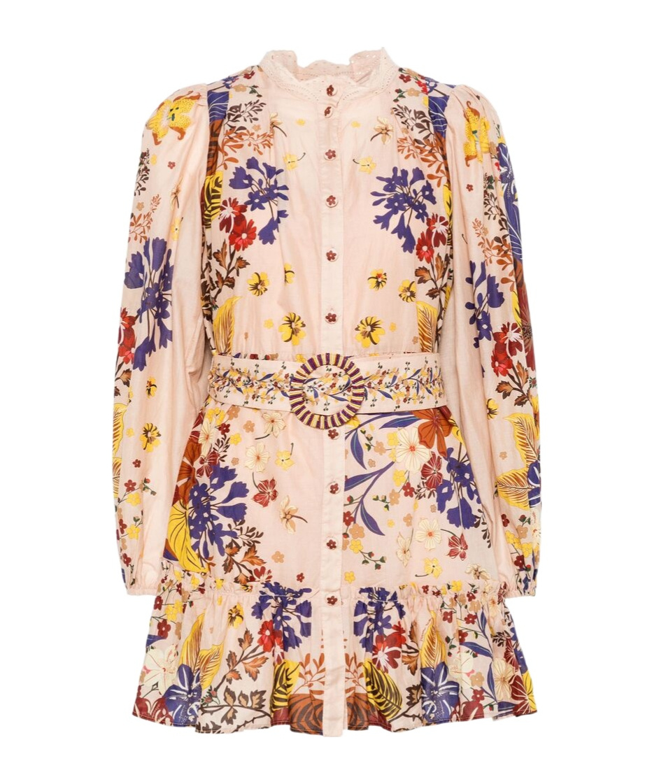 Farm Rio Floral Print Mini Dress With Lace Collar And Ruffled Hem In Nude