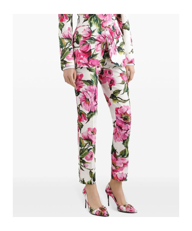 Dolce & Gabbana Peony Print Straight-leg Ankle Pants In Multicolor