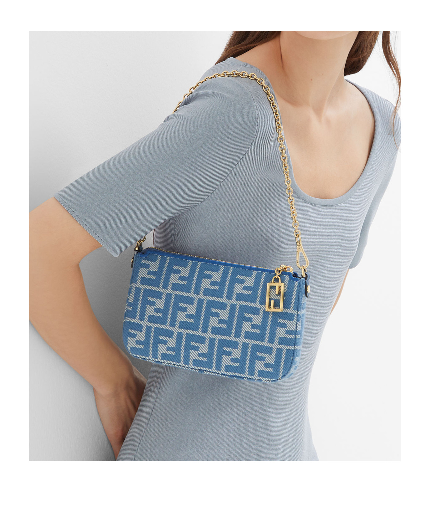 FENDI BLUE DENIM-EFFECT FF JACQUARD CHARM POUCH WITH CHAIN