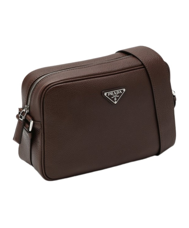 Prada Triangle Logo Leather Messenger Bag In Brown