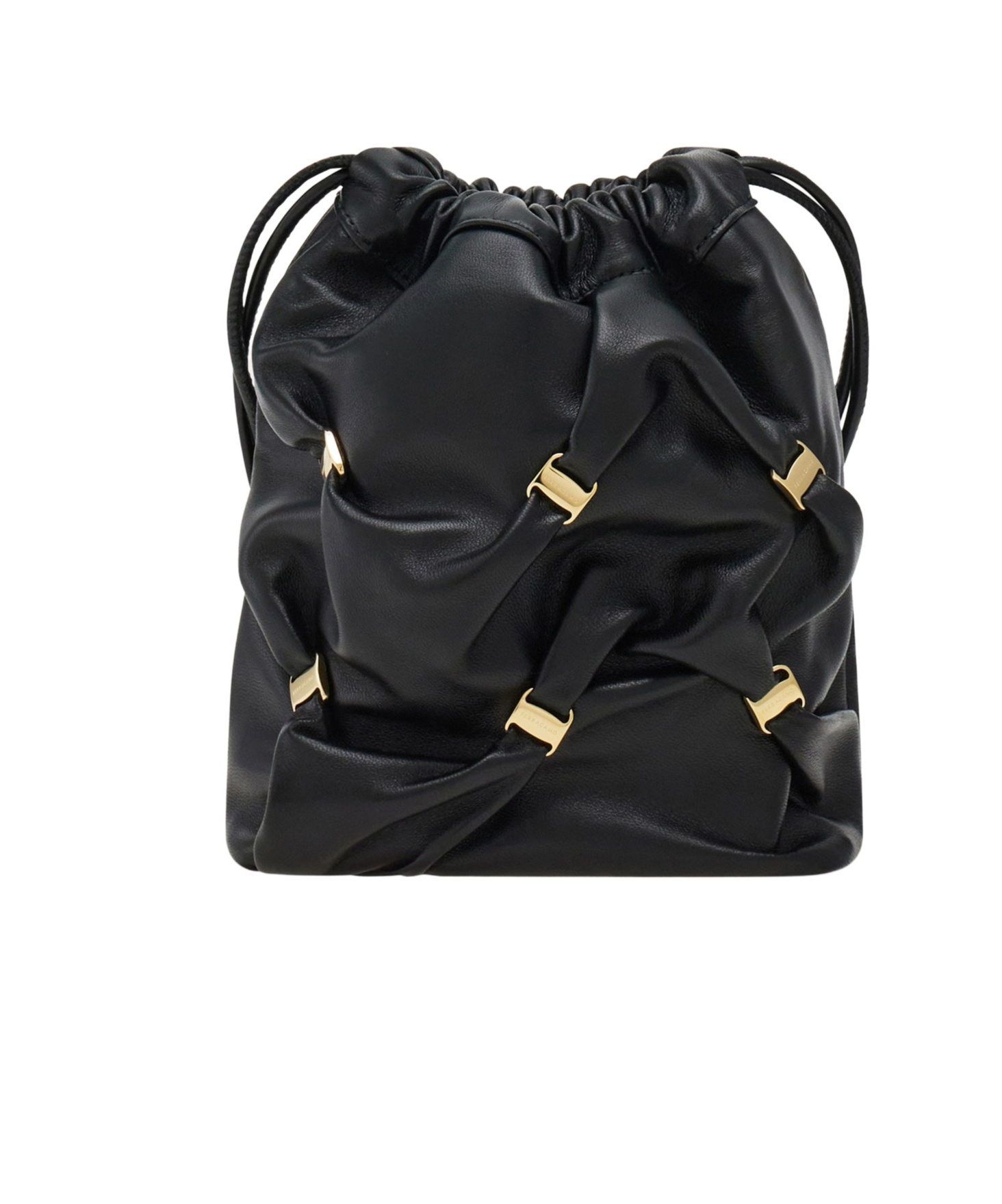 Shop Ferragamo Logo Plaque Mini Drawstring Bucket Bag In Black