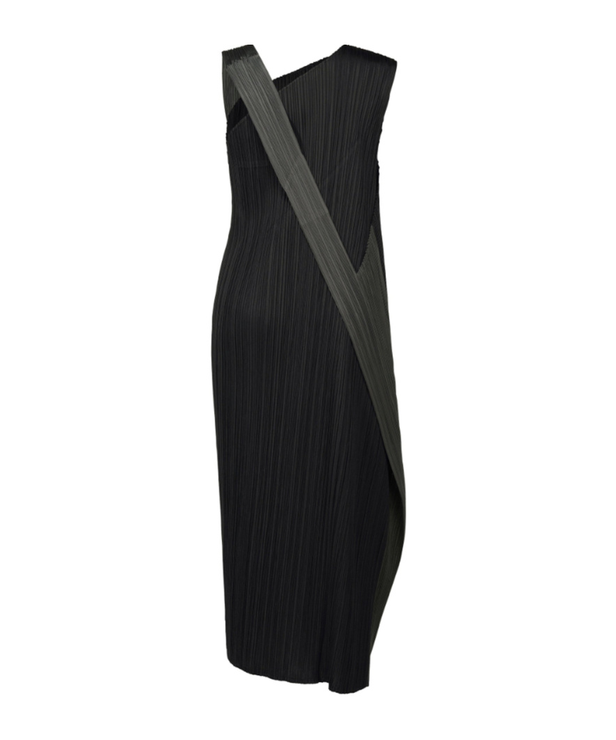 Issey Miyake Contrast Panel Pleated Midi Dress In Black