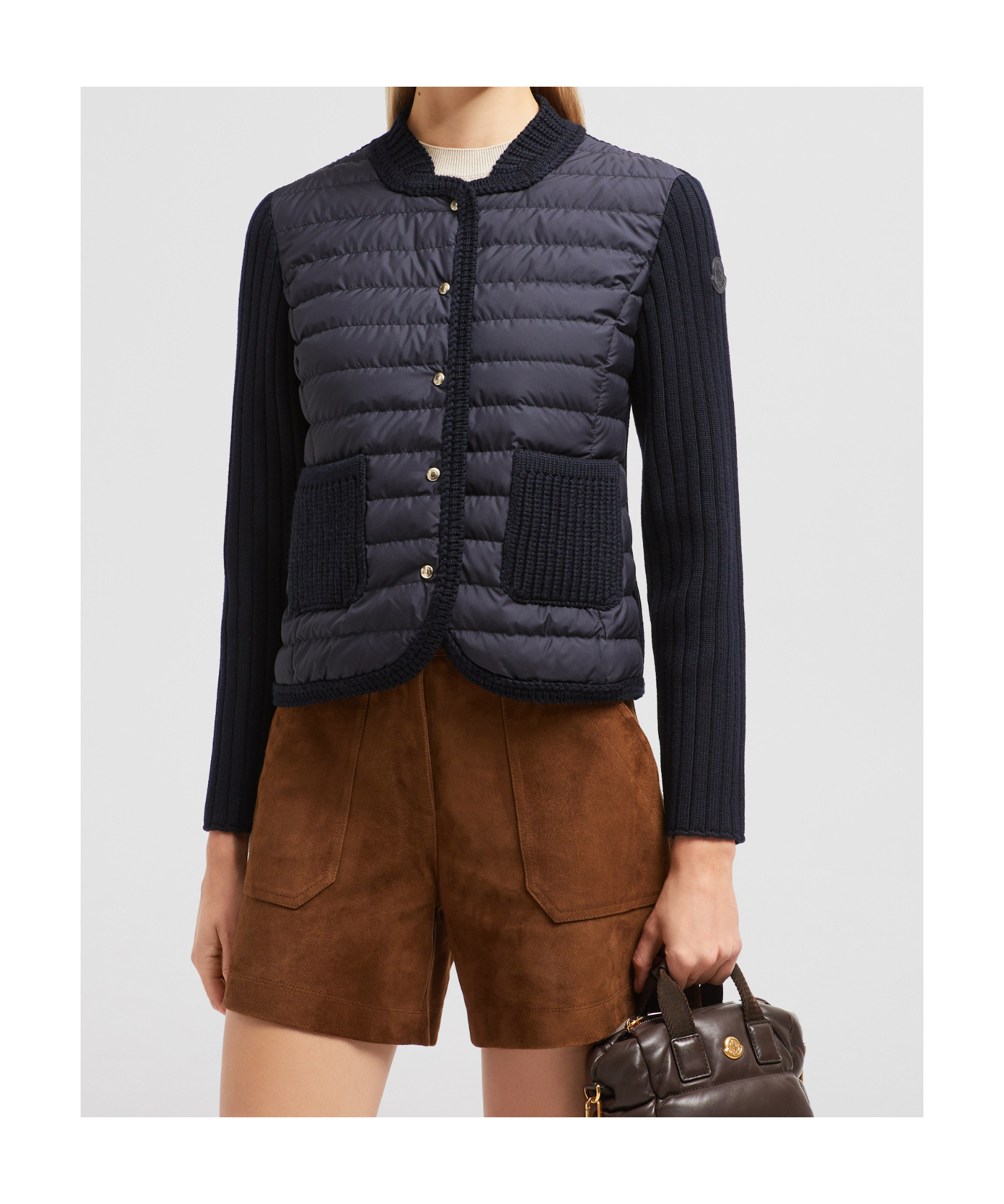 Moncler Knitwear Cardigan With Quilted Front Panel In Navy Blue