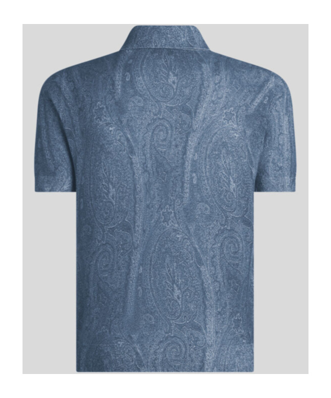 Etro , Knit Polo-shirt With Paisley Print, Man, Navy Blue, Size M In Blue