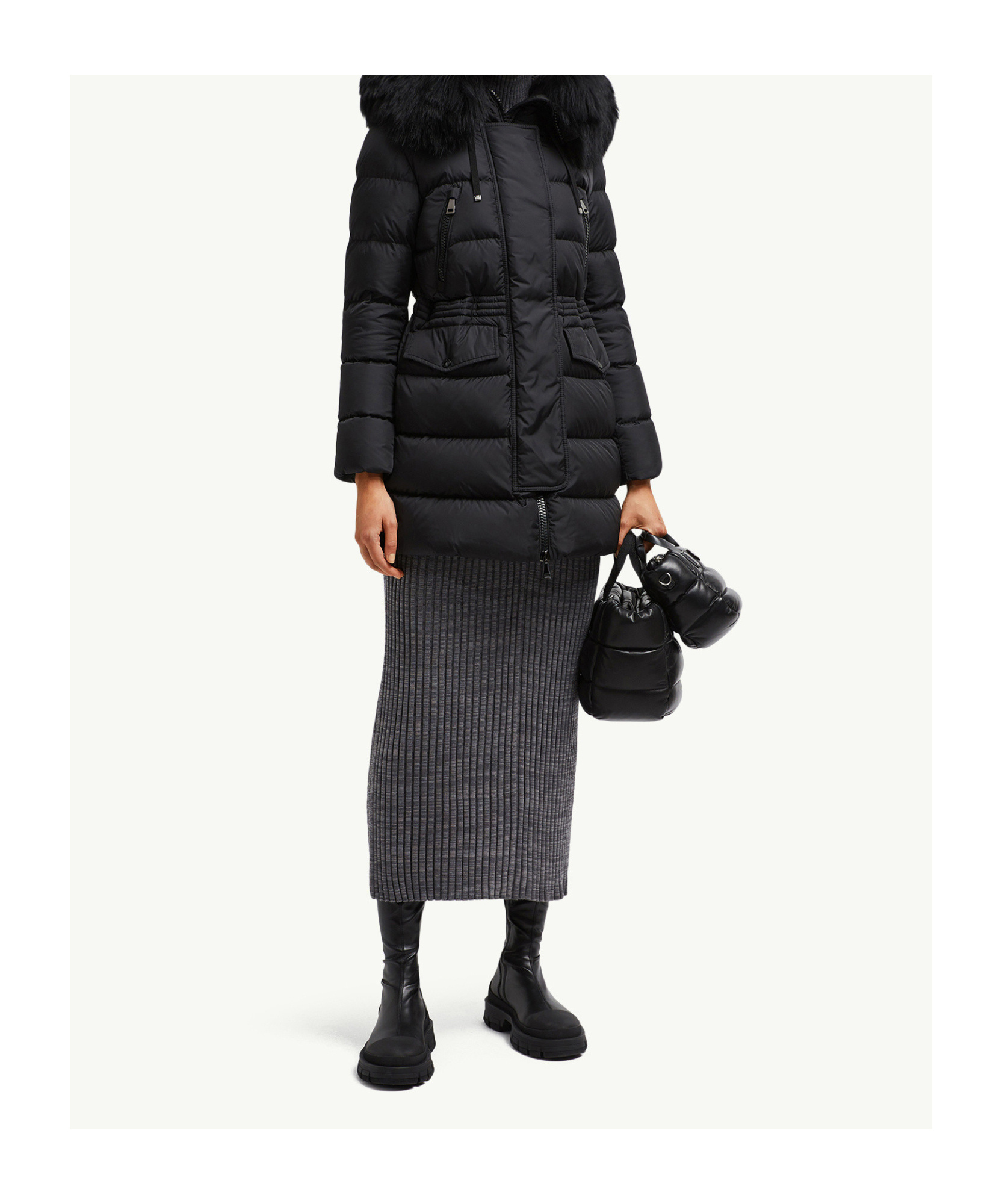 Moncler Aphroti Hooded Shearling-trimmed Long Down Jacket In Black