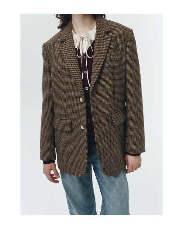 Dunst Brown Single-breasted Jacket With All-over Check Motif In Wool Woman In Brown