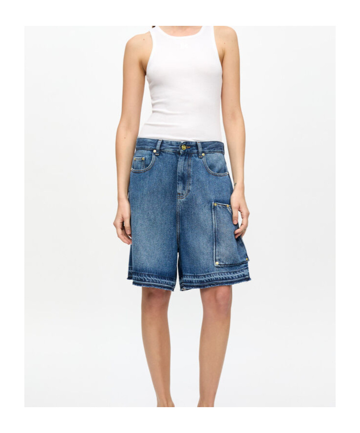 Ganni Blue Shorts With Belt Loops And One Front Patch Pocket In Denim Woman In Blue