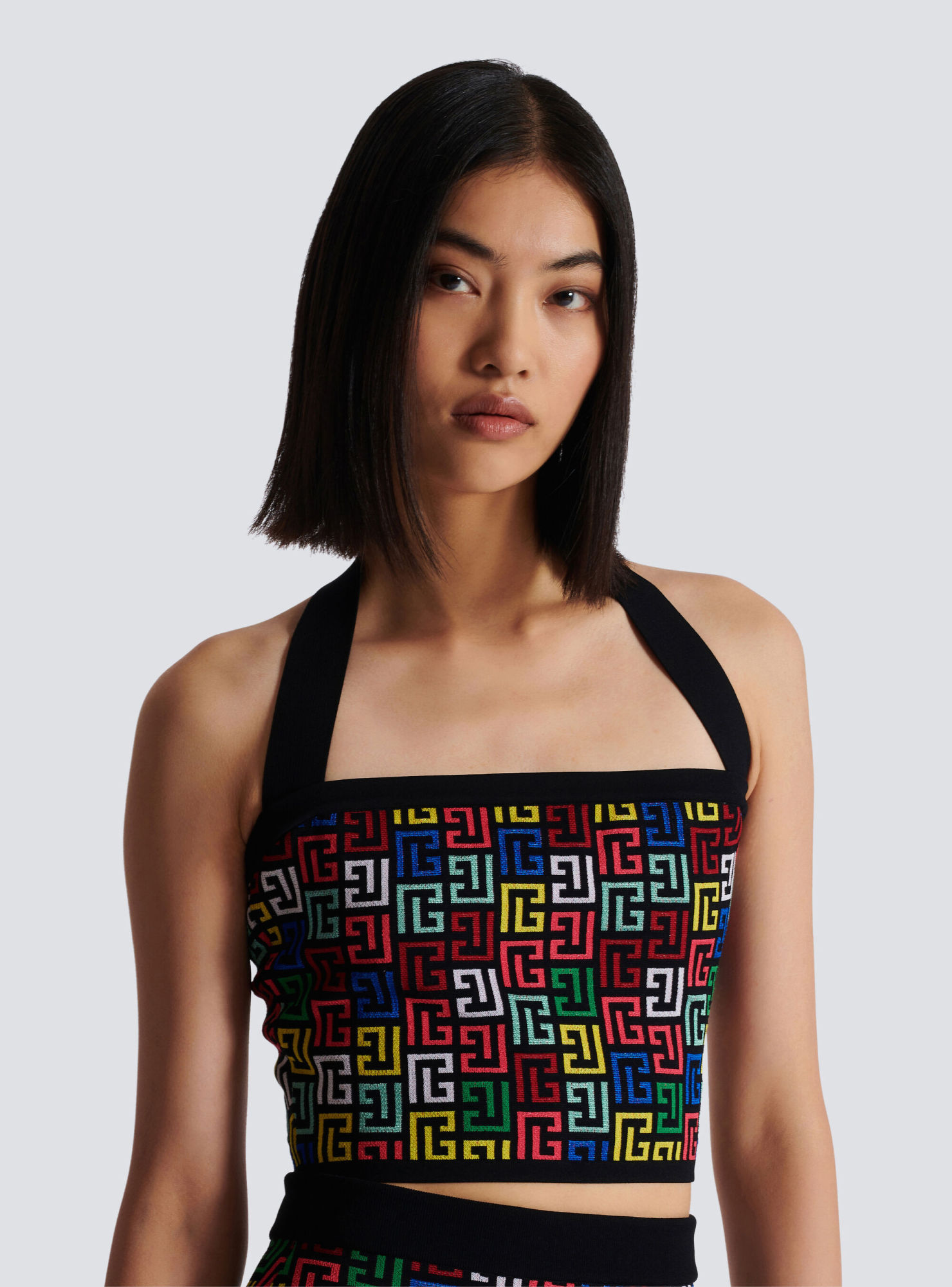 Balmain Halterneck Top In Pop Monogram Knit In Black