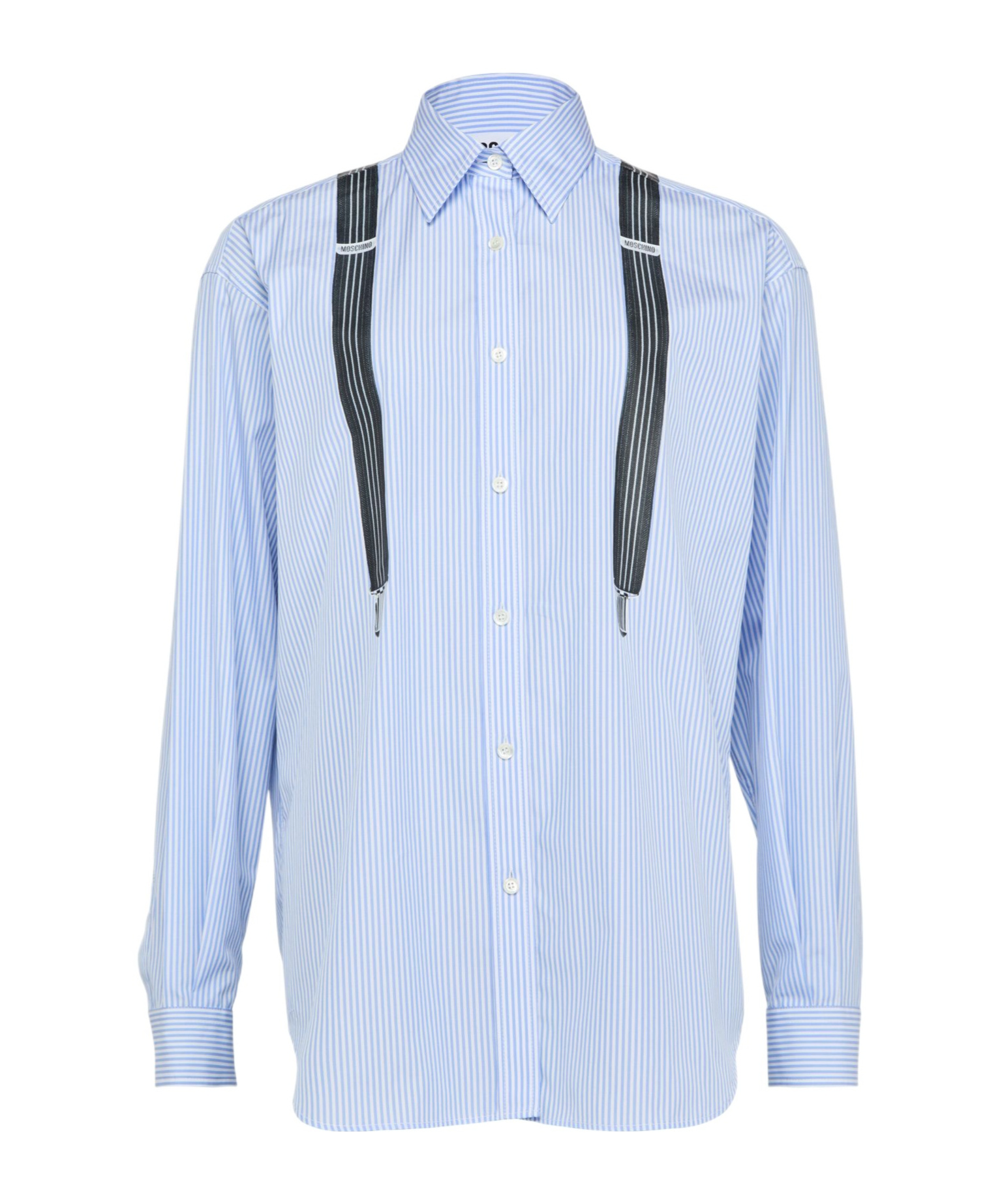 Moschino Couture Light Blue Cotton Striped Shirt With Decorative Straps In Blue