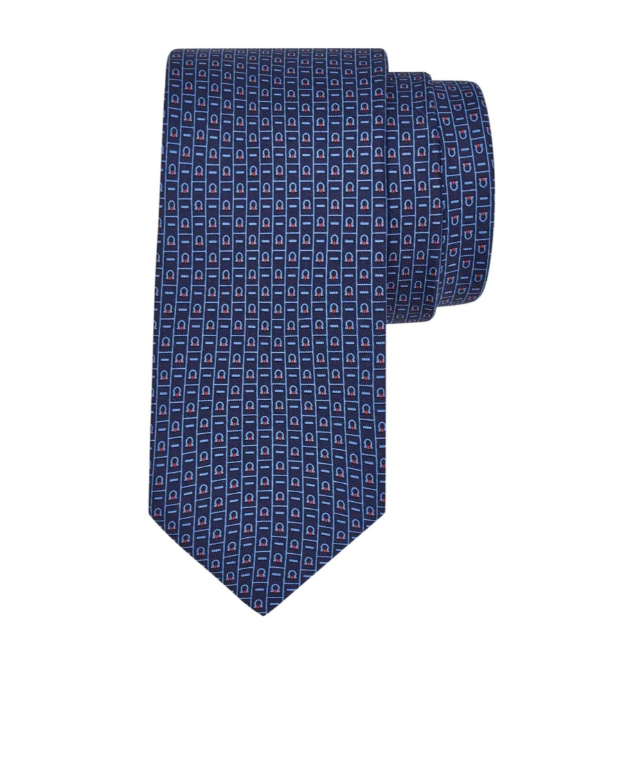 Ferragamo Gancini Monogram Print Silk Tie In Blue