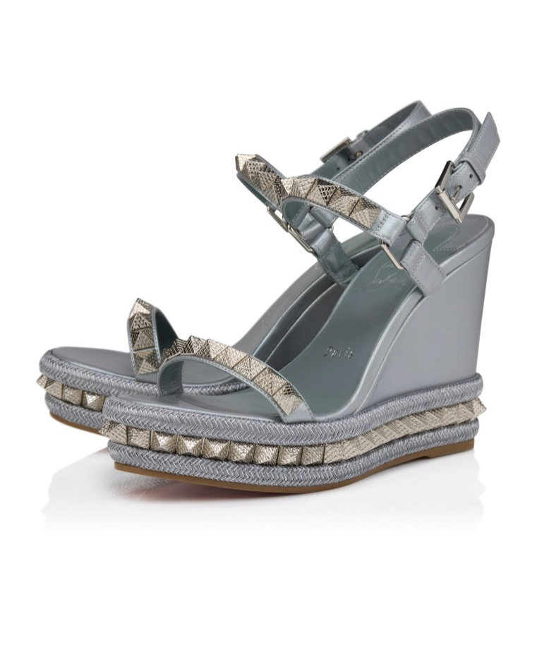 Christian Louboutin Pyraclou Metallic Spike Red Sole Wedge Sandals In Gray