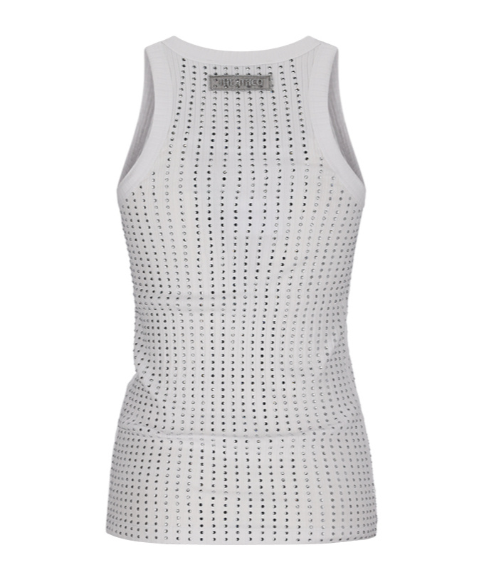 Attico Womens Pink Crystal-embellished Ribbed Cotton Tank Top In Gray