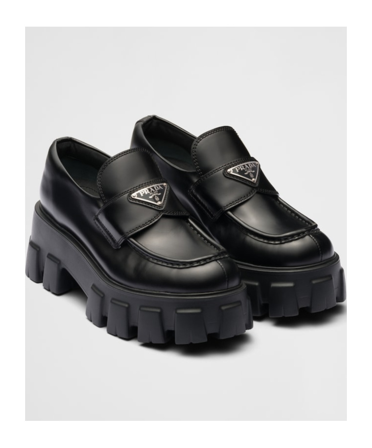 Shop Prada Brushed Leather Monolith Loafers In Black