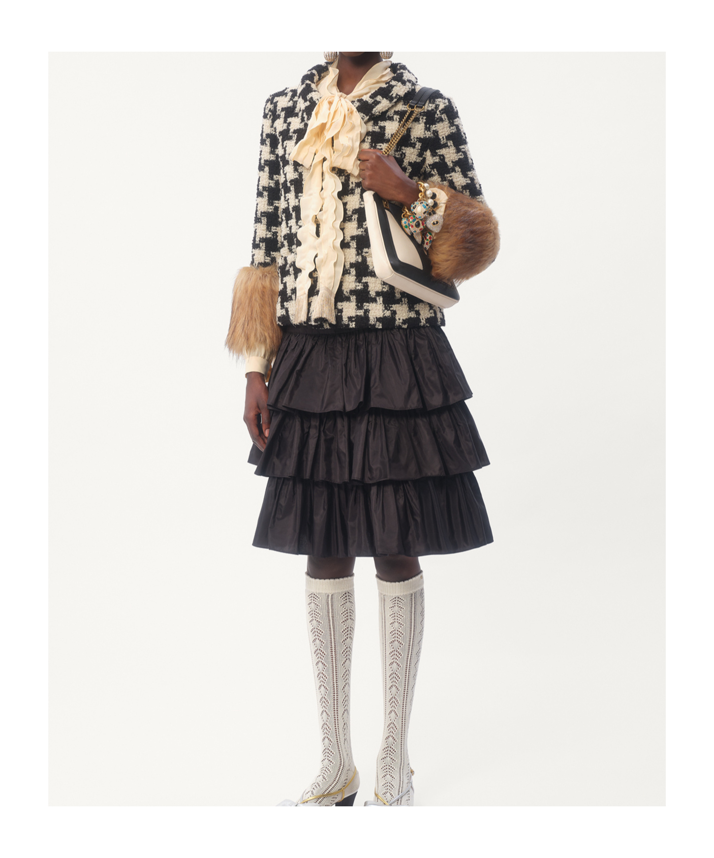 Valentino Faux-fur Macro Houndstooth Tweed Jacket In Nude