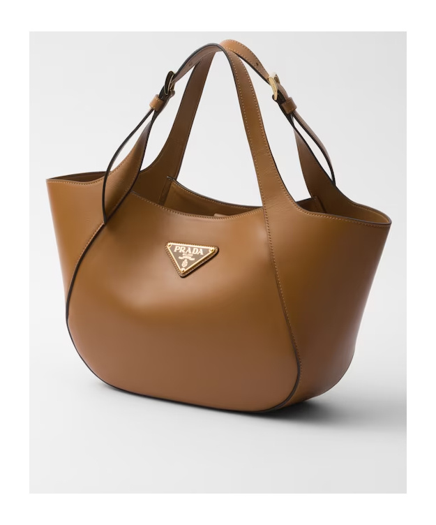 Prada Medium Enamel Triangle Logo Leather Tote Bag In Brown