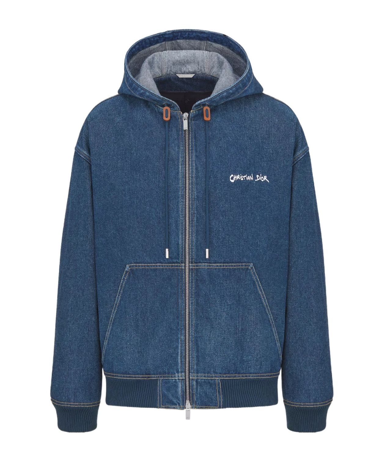 Dior Logo Long-sleeved Denim Coat In Blue