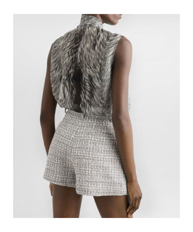 Dolce & Gabbana Shirt With Bow In Chiffon Print Fur In Gray