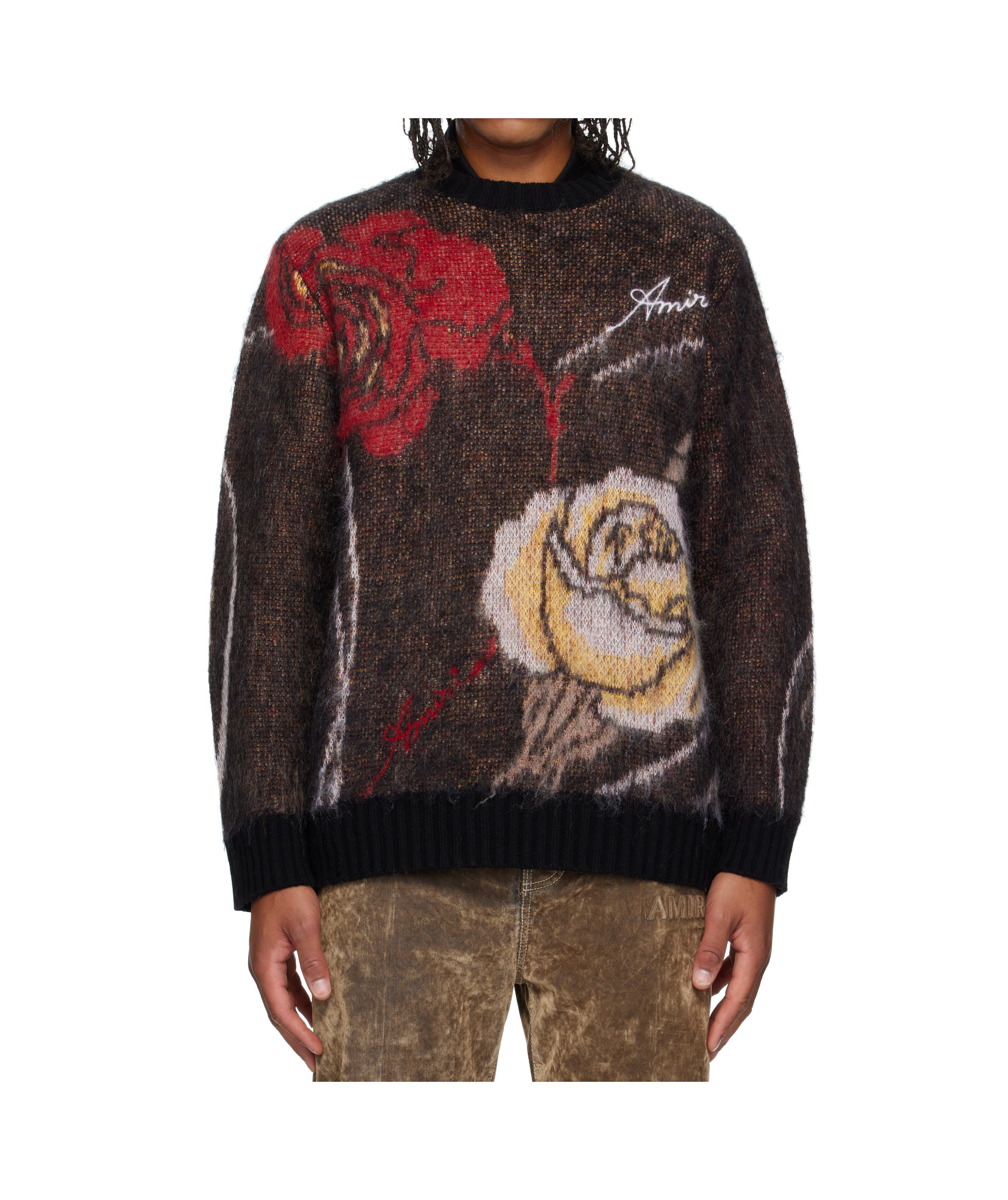 Amiri Multicolor Floral Crewneck Sweater In Black