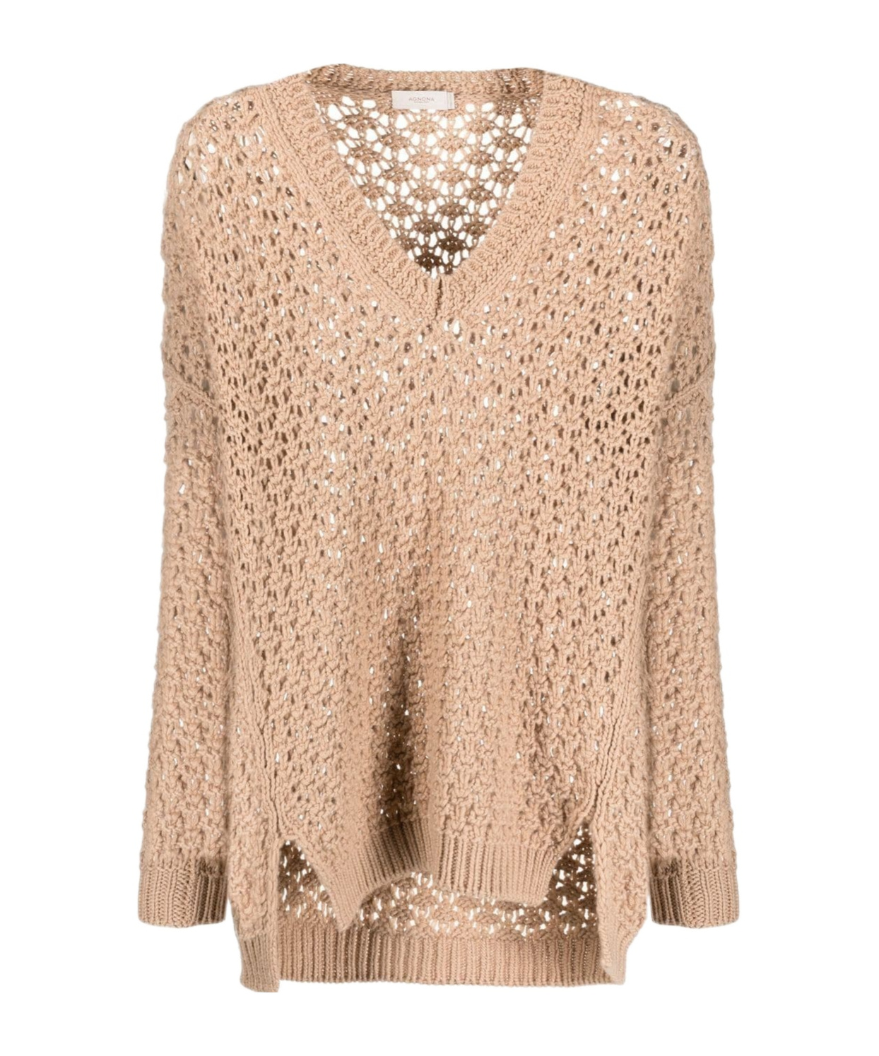 Agnona Beige Open-knit Sweater With V-neckline In Nude