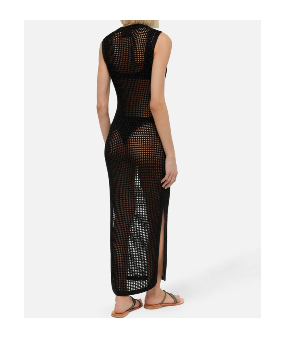 Mc2 Saint Barth Eileen Long Lurex Black Mesh Crochet Dress
