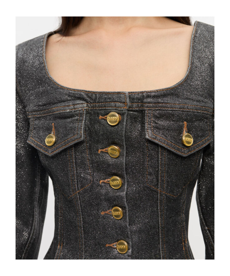 Ganni Peplum Waist Denim Cotton Blazer Jacket In Black