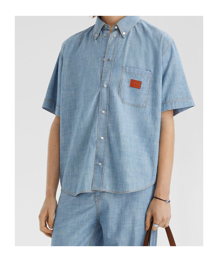 Fendi Collared Shirt With Pocket And Short Sleeves In Blue