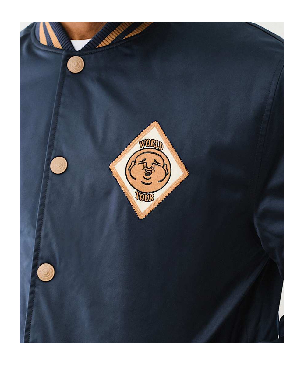 True Religion Satin Embroidered Bomber Jacket In Blue