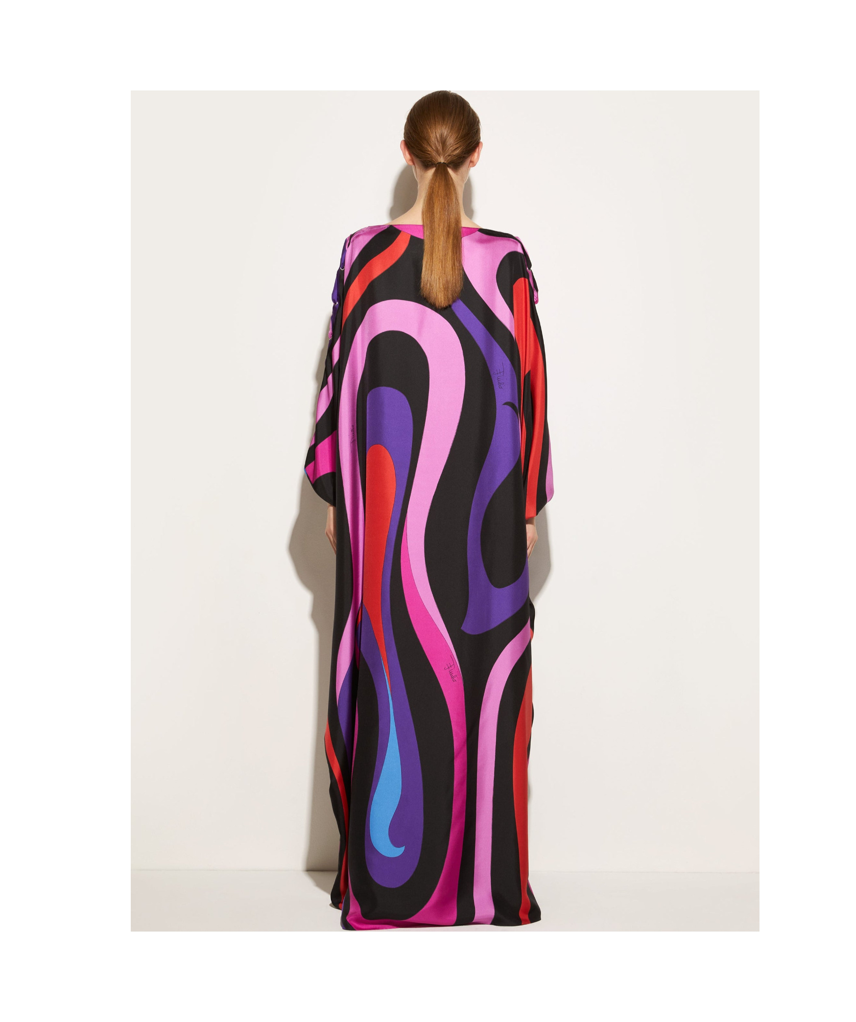 Pucci Abstract Print Silk Caftan Dress With Boat Neck And Long Sleeves In Black
